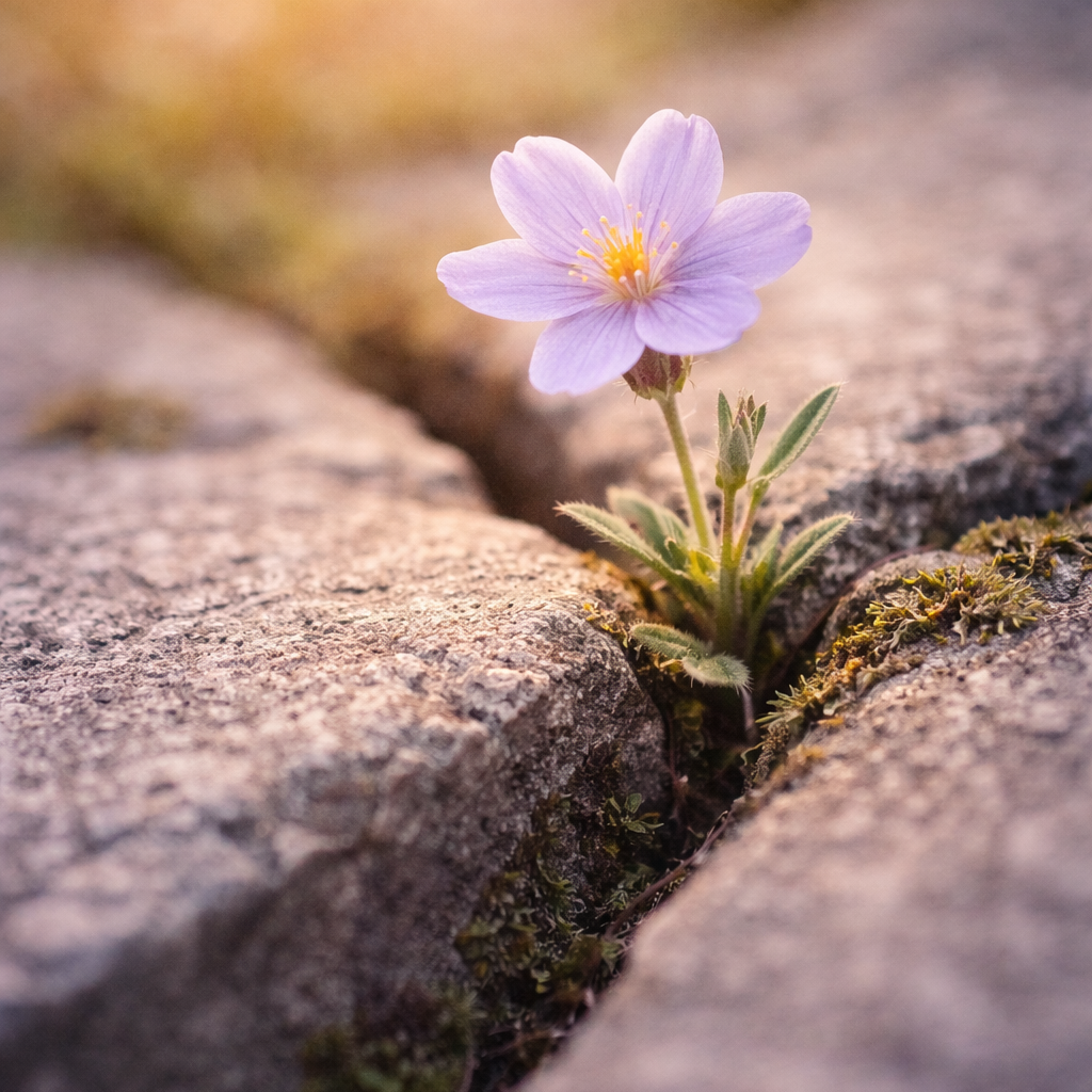 Flor naciendo entre rocas: metáfora de superación personal ante la ansiedad y la tristeza profunda.